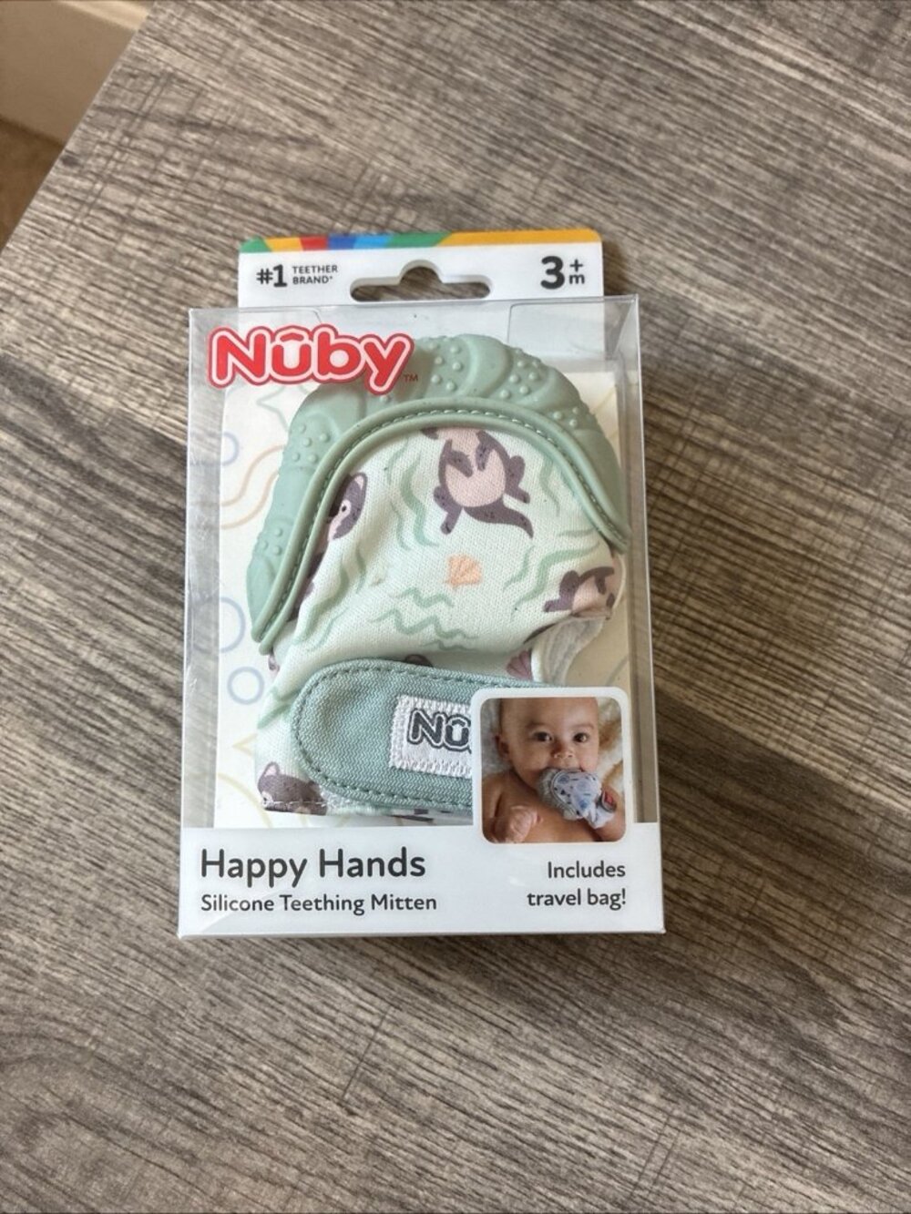 Nuby Happy Hands Silicone Teething Mitten With Travel Bag Green